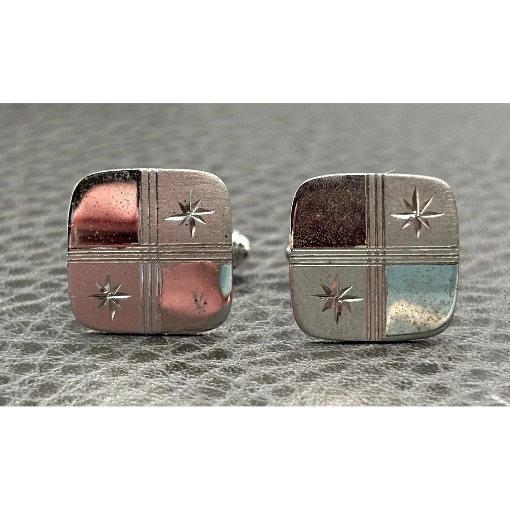 Hickok Sterling Silver Modernist Atomic Stars Square Cufflinks Star Mod MCM